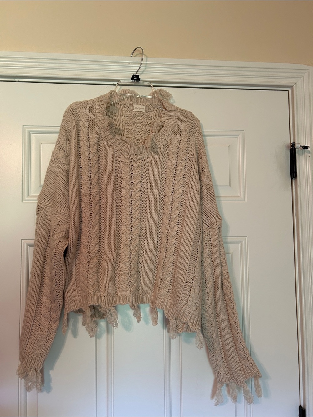 Altar'd State Coquette Tan Cable Knit Distressed Fringe Sweater NWOT Sz M